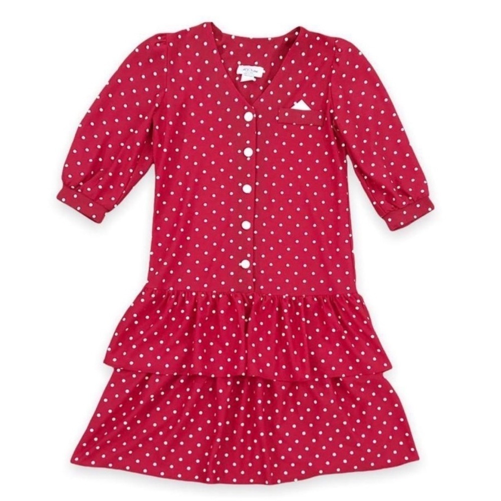 Vintage 1970s Red Polka Dot Puff Sleeve Scooter Ruffle Mini Dress Small